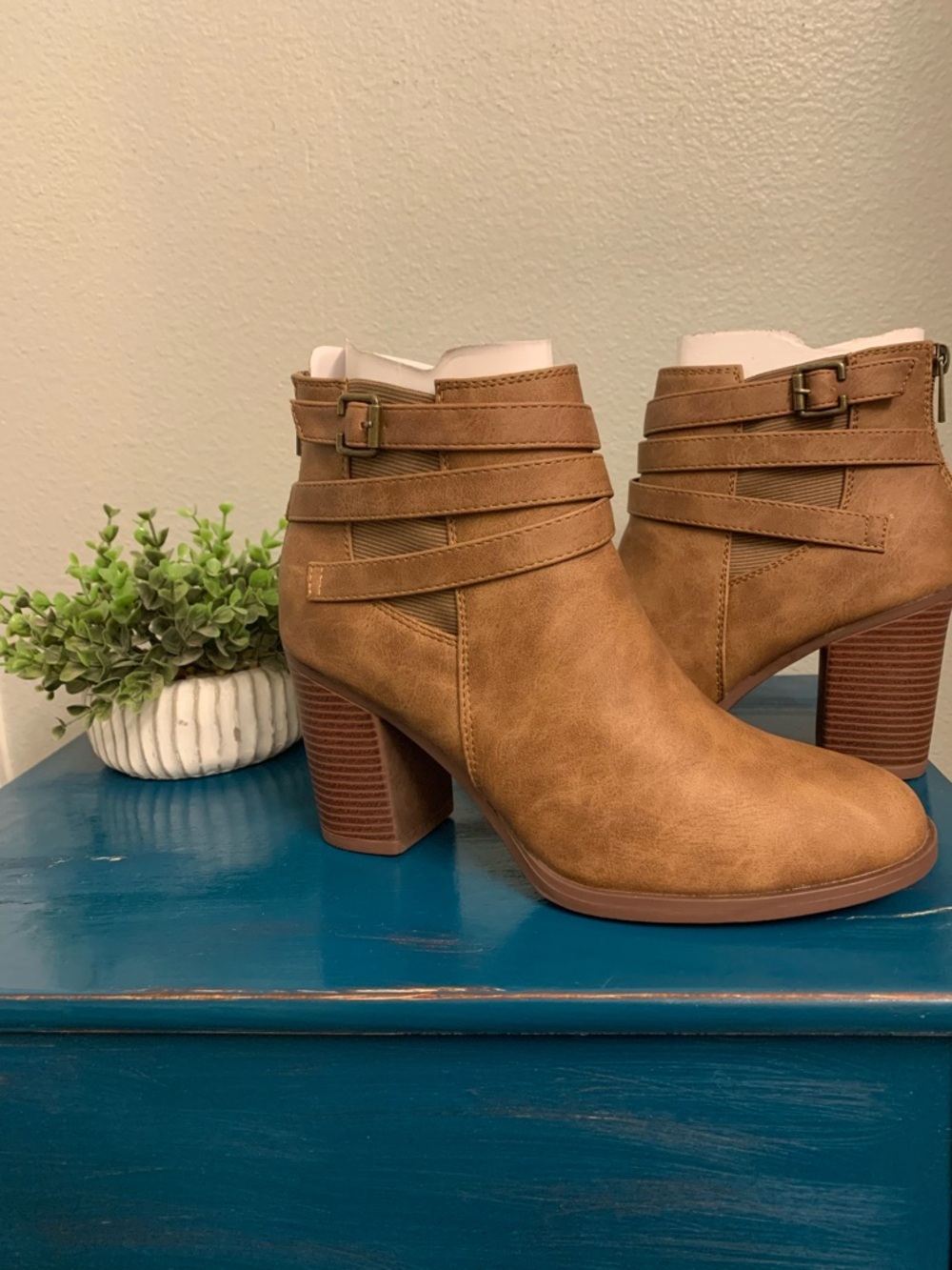 Dream Pairs Tan Strap Block-Heel Ankle Booties